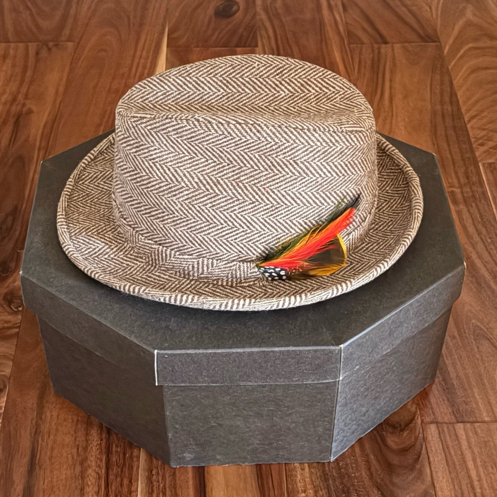 Vintage Wool Herringbone Tweed Hat with Feather Accent.